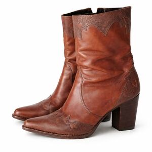 Antonio Melani Brown Leather Western Ankle Boots Pointed Toe Block Heel Sz 8.5N